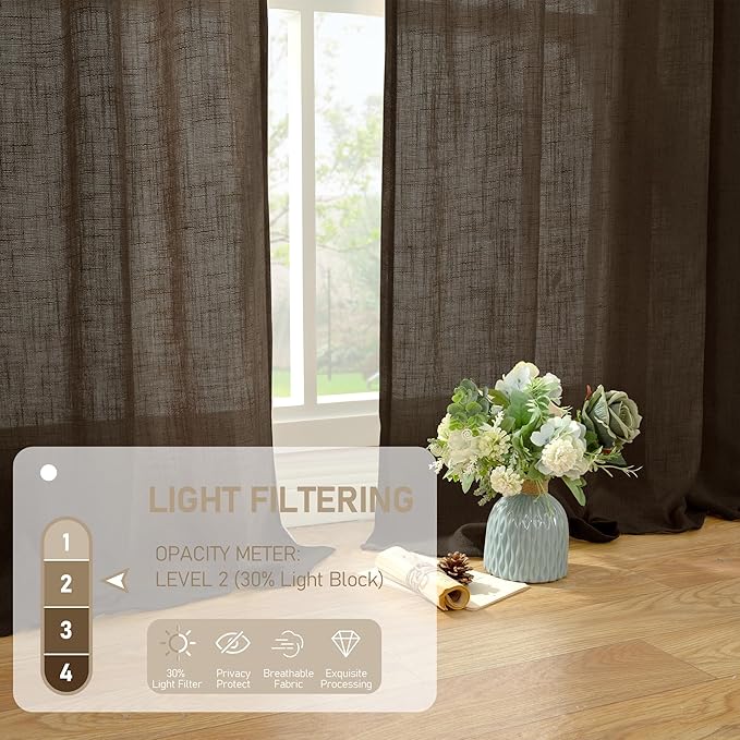 LAMIT Dark Brown Linen Curtains for Bedroom, 72 Inch Length Light Filtering Semi Sheer Panels Back Tab and Rod Pocket Neutral Drapes for Living Room, 2 Panels, 34 x 72 Inch