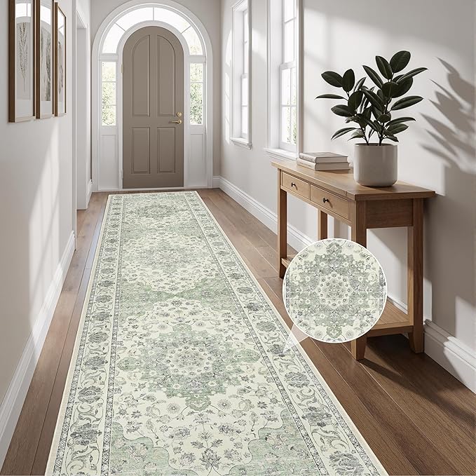Washable Hallway Runner Rug - 3x12 Floor Carpet Rug Distressed Low Pile Mats Non Slip Soft Rugs for Dining Room with Rubber Backing Bedroom Runner with Vintage Design (Green 3x12)