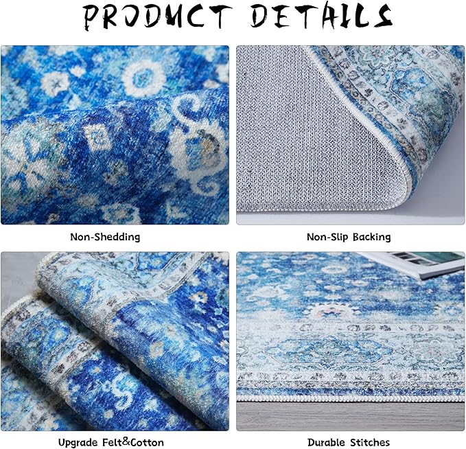 Rugcomf Runner Rug 2'6''x8' Hallway Washable Boho Soft Area Rug Non-Slip Faux Wool Vintage Rug for Kitchen, Entryway, Laundry, Bedroom, Indoor (Blue)