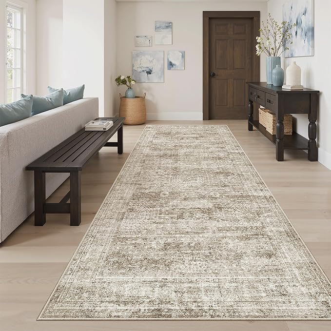 Soalmost Hallway Runner Rug 4x8 Wide: Washable Thin Runners for Hallways Entry, Non Slip Soft Vintage Kitchen Area Rugs for Living Room Bedroom Dining Room Foyer (Brown, 4x8)