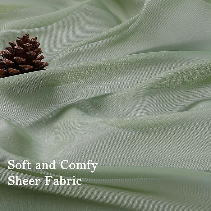 Lecloud Sage Green Sheer Curtains 63 Inch Length 2 Pcs, Dual Rod Pockets Light Filtering Window Curtains for Bedroom, Farmhouse Voile Solid Drapes for Living Room Bathroom, Each Panel 59" W x 63" L