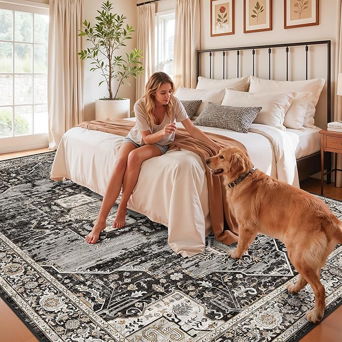 RUUGME Living Room 7x10 Area Rug : Washable Bedroom Rugs with Non Slip Rubber Backing Indoor Soft Stain Resistant Carpets for Dining Room Distressed Floor Decor Mat for Office Nursery 7x10 Black