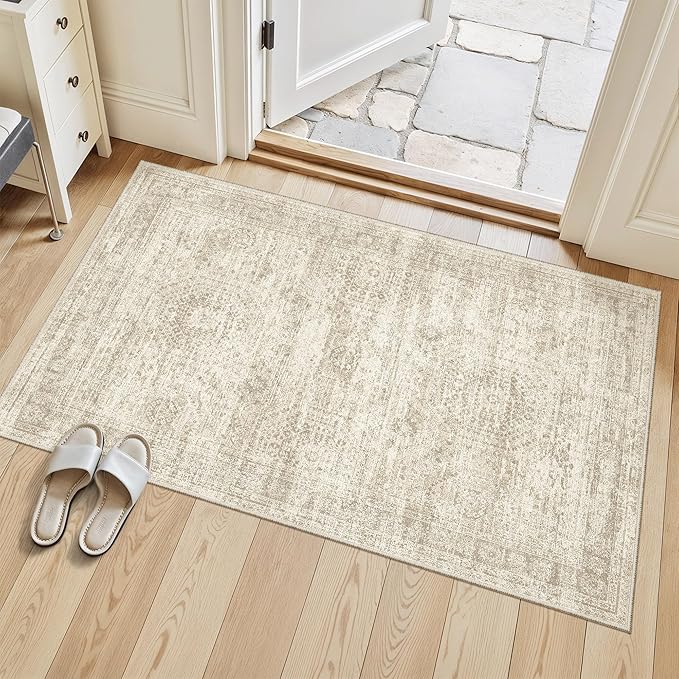 Soalmost 3x4 Rug, Small Area Rug for Kitchen, Entryway, Machine Washable Non-Slip Throw Rug, Vintage Carpet for Nursery Coffee Table Beige