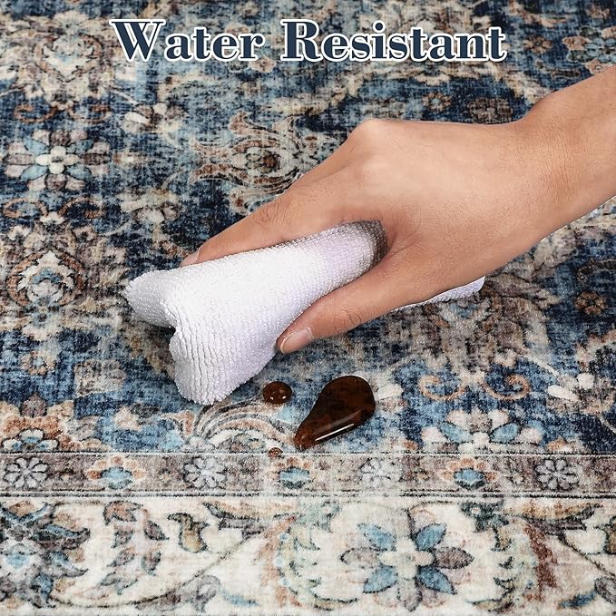 GarveeHome Vintage Rug 4x6 Floral Print Area Rug for Living Room Washable Non Slip Farmhouse Distressed Indoor Carpet Foldable Low Pile Soft Accent Throw Rug for Bedroom Home Nursery, Blue