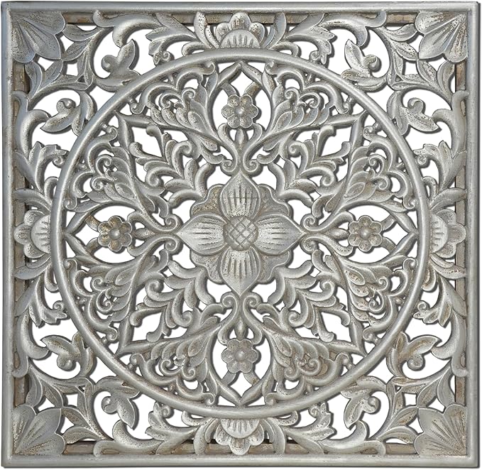 XIAOAIKA Boho Carved Wood Wall Sculpture, Intricate Floral Mandala Design with Distressed Silver Finish, Vintage Farmhouse Wall Art Panel with Solid Wood Frame for Bedroom Entryway (22" x 22")