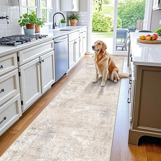 3x20 ft Extra Long Hallway Runner Rug - Non-Slip Washable Floor Runner with Rubber Backing, Modern Low Pile Thin Wide Carpet for Entryway, Kitchen, Living Room (Beige Grey, 3x20)