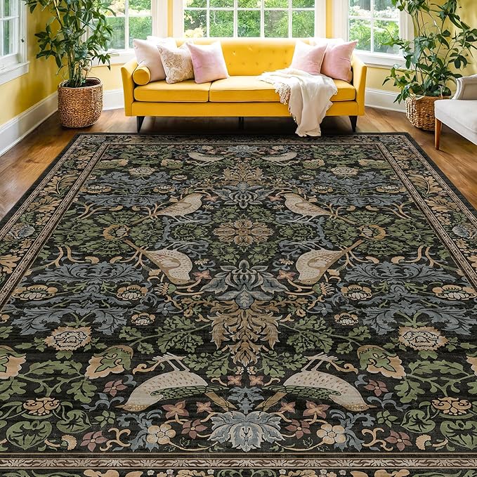 Hazo Haus Dark Living Room Rug 8x10 - Large Washable Floral Area Rugs for Dining Room Under Table, Bedroom, Office, Birds and Leaves Nature Design, Non-Slip Low Pile (Dark Green/Brown)