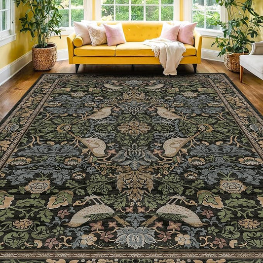 Hazo Haus Dark Living Room Rug 8x10 - Large Washable Floral Area Rugs for Dining Room Under Table, Bedroom, Office, Birds and Leaves Nature Design, Non-Slip Low Pile (Dark Green/Brown)