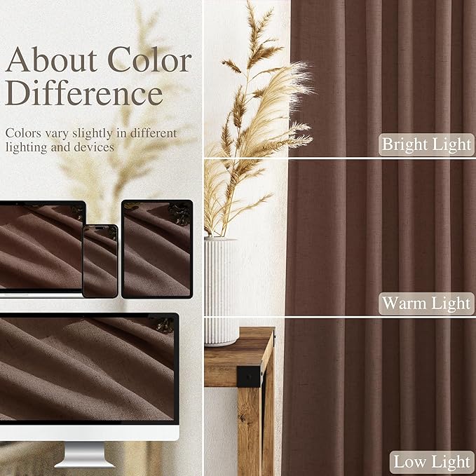 Nanspring Mocha Mousse Curtains 108 Inches Long 2 Panels Set Back Tab Loop Pocket Linen Blend Light Filtering Semi Sheer Boho Large Window Decor for High Ceiling Living Room 52x108
