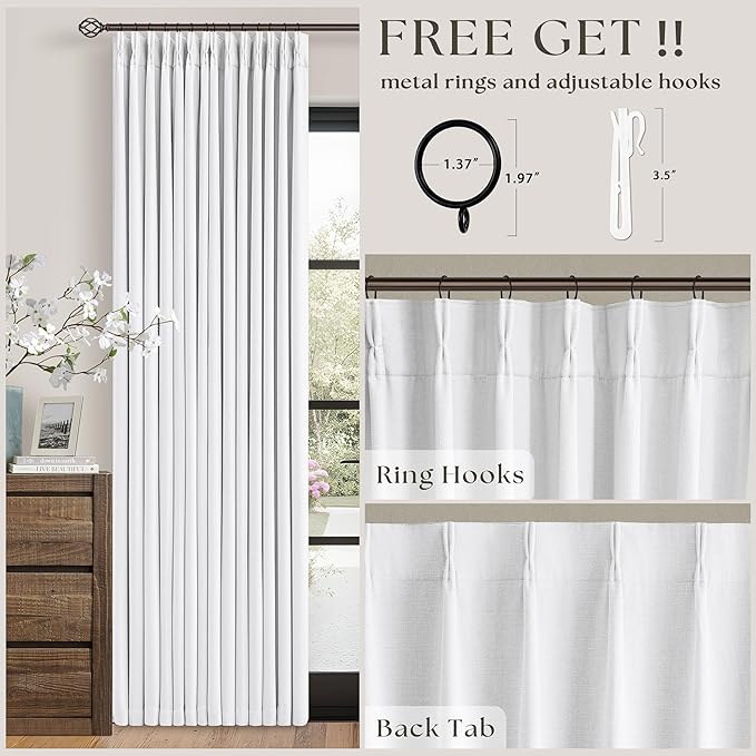 White 80 Inch Pinch Pleated Black Out Curtains 2 Panel Set for Living Room Pinch Pleat Linen Drapes with Liner 80 Inches Long 100% Blackout Light Blocking Energy Saving Curtain for Dining Bedroom