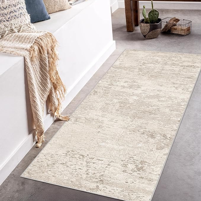 Art&Tuft Washable Rug 3x5 - Low-Pile 3x5 Area Rugs Runners, Soft Abstract Carpet Runner Rugs for Living Room Bedroom Bathroom Kitchen Laundry, Beige