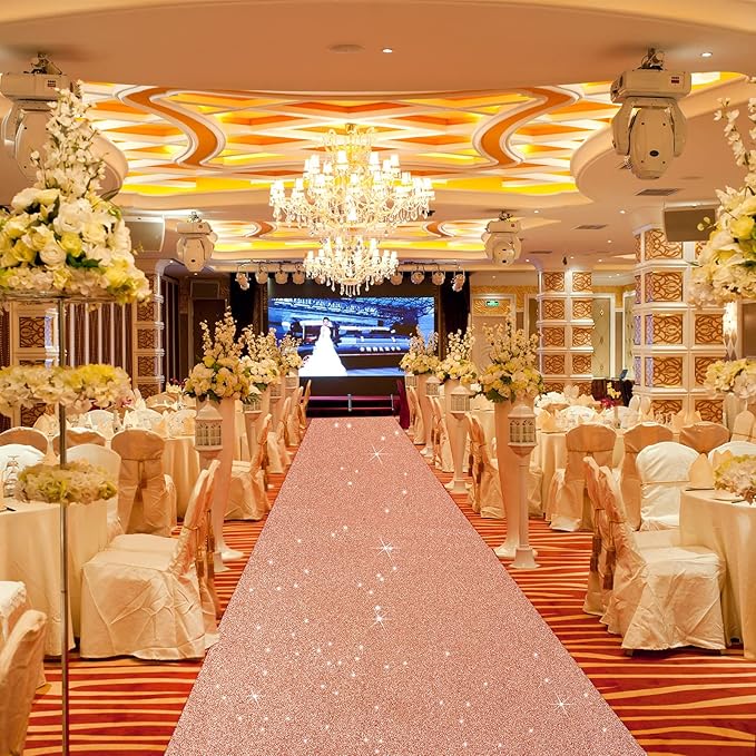 Tatuo Carpet Runner 2.46 x 30 ft Runway Rug 55 GSM Thickness with Carpet Tape for Prom Graduation Wedding Outdoor Indoor Hallway Movie Party Decoration Rug(2.46 x 30 Feet,Glitter Rose Gold)