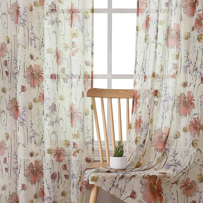 OWENIE Printed Sheer Curtians 54 Inches Long for Kitchen Set of 2 Panels, Dual Rod Pocket Window Living Room Curtains with Floral, Farmhouse Light Filtering Short Curtains for Small Window, 42"x54"