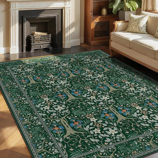 Joydeco Dark Green Area Rugs 8x10, Washable Boho Floral Rug for Bedroom Non Slip, Soft Large Low-Pile Botanical Forest Indoor Floor Throw Carpet for Nursery Dining Living Room Office