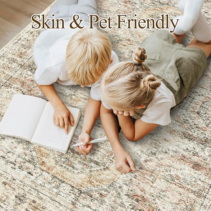 Soalmost 9x12 Area Rugs for Living Room, Non Slip Machine Washable Vintage Rugs, Low Pile Lightweight Large Rug for Bedroom, Dining Room, Home Office Brown Pink