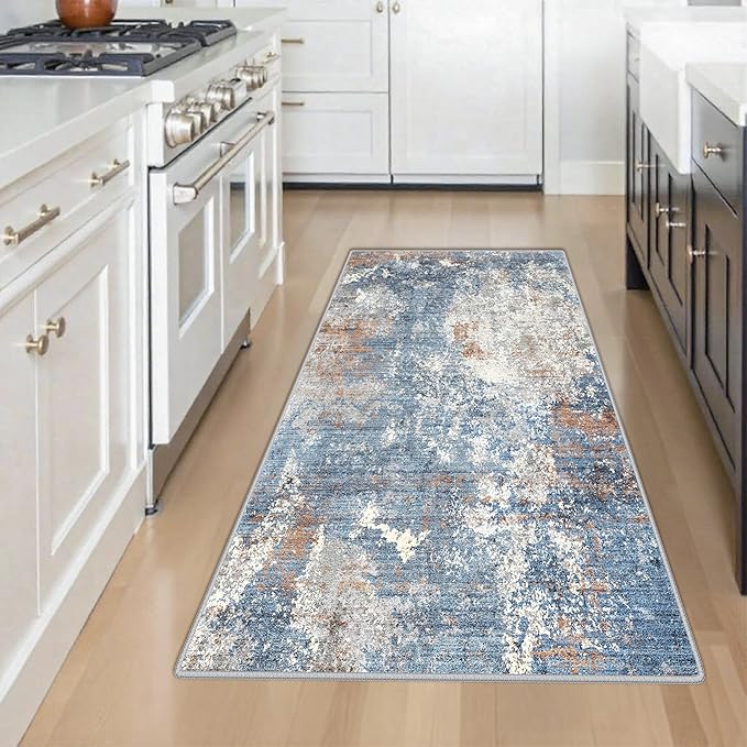 3x4 Washable Entryway Rug – Non-Slip Modern Abstract Small Area Rug for Kitchen, Bedroom, Bathroom – Soft Low-Pile Thin Indoor Door Mat（Blue Rust，3x4）