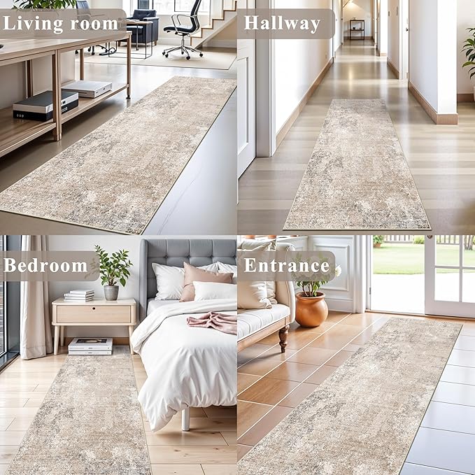 2x8 Washable Hallway Runner Rug – Non-Slip Modern Abstract Neutral Low-Pile Stain-Resistant Carpet Runner for Kitchen Entryway Bedroom Bathroom (Beige Grey,2x8)