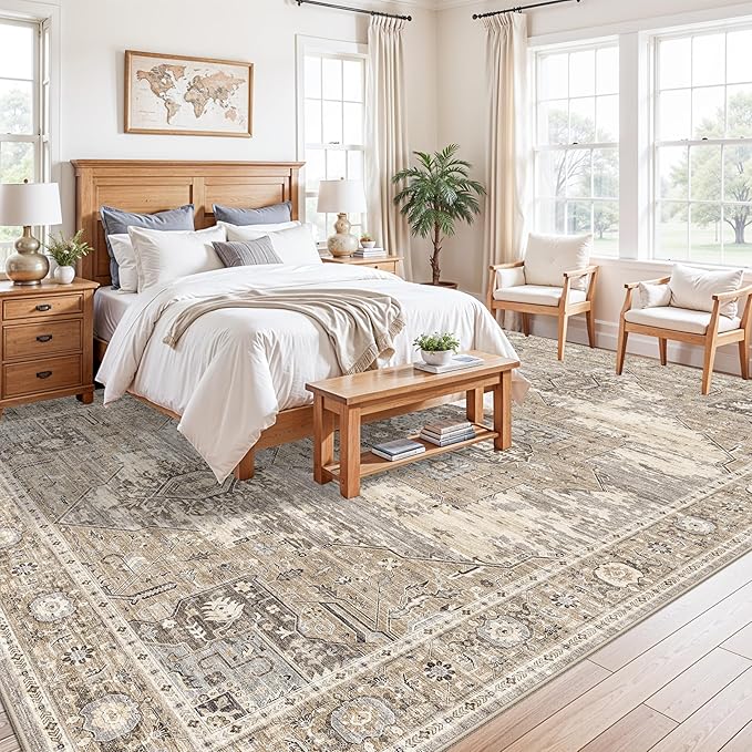 11x15 Area Rug for Living Room：Ultra-Large Washable Boho Rugs with Non Slip Rubber Backing Stain Resistant Low Pile Carpet for Bedroom Dining Room Indoor Soft Carpets Home Decor Floor Mat 11X15 Beige