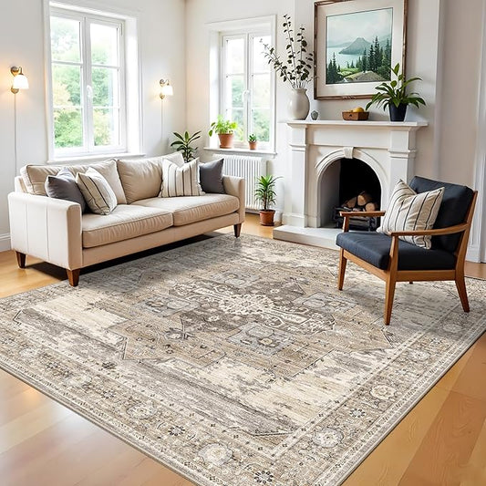 RUUGME Dining Room Rugs for Under Table - Washable Living Room Area Rug Stain Resistant Carpet Vintage Lightweight Ultra-Thin Rugs for Bedroom Kitchen with Non Slip Backing Home Decor 6x6 Beige