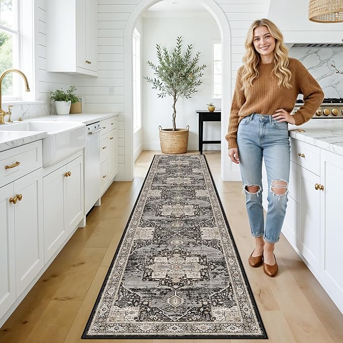 Washable Hallway Runner Rug 2x10 - Stain Resistant Kitchen Rugs with Non Slip Backing Soft Low Pile Carpet for Bedroom Laundry Entryway Ultra-Thin Vintage Home Decor Floor Mat for Bathroom 2X10 Black
