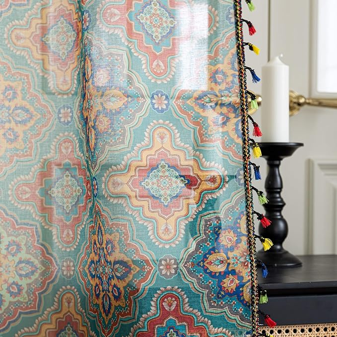 Blue Geometric Sheer Curtains 96 inch Long, Fringed Edges and Textured Semi Sheer Curtains Large Window Treatments for Living Room/Bedroom, 2 Panels