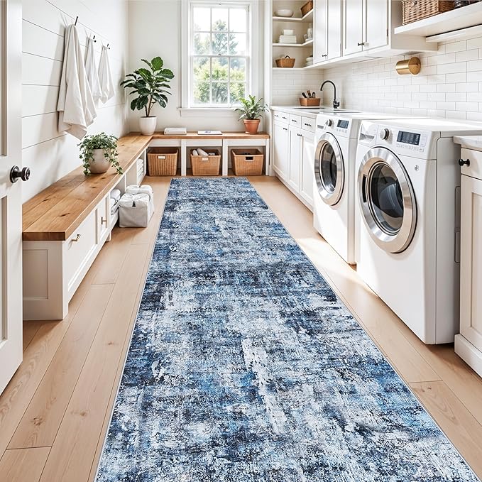 3x12 ft Long Hallway Runner Rug - Non-Slip Washable Kitchen Rug with Rubber Backing,Modern Abstract Neutral Thin Low Pile Floor Carpet Runner for Entryway,Bedroom,Living Room（Blue）