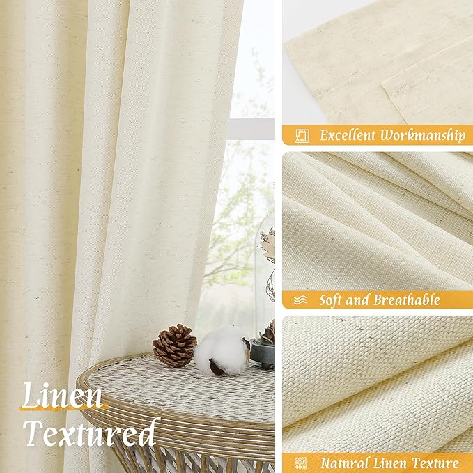 LAMIT 54 Inch Short Window Linen Curtains, Light Beige Soft Thick Light Filtering Panels Rod Pocket Neutral Privacy Faux Linen Drapes for Bedroom/Bathroom/Loft Room, 2 Panels, 42 x 54 Inch