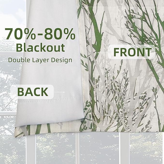 Driftaway Tree Branch Linen Lined Valance Double Layer Thermal Insulated Room Darkening Blackout Valances 3 Inch Rod Pocket Short Window Valance for Living Room Bathroom 52 Inch by 18 Inch Loden Green