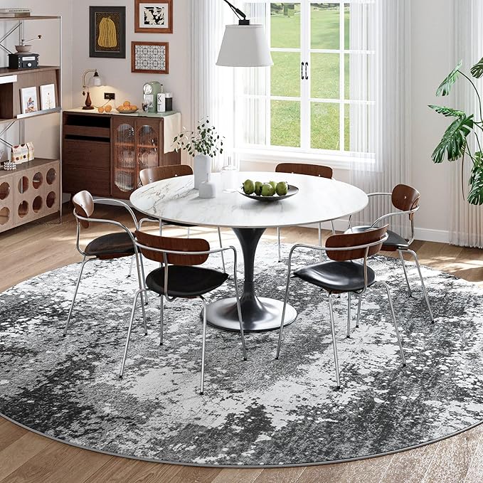 Round Area Rugs 6ft Washable Grey Circle Rug for Entryway Kitchen, Non Slip Soft Low Pile Stain Resistant, Boho Circular Carpet for Living Room Bedroom Dorm Dining Room Table, Abstract Gray
