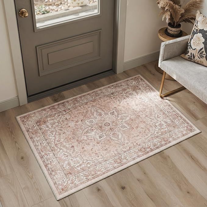 GENIMO Runner Rug for Hallways Machine Washable, 2x8 Non Slip Boho Vintage Lightweight Washable Runners, Thin Floor Rugs for Entryway Hallway Bathroom Laundry Room Corridor, Pink
