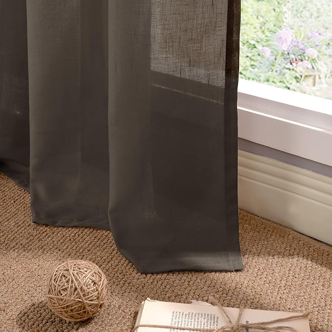 YoungsTex Brown Linen Semi Sheer Curtains 72 Inch Length for Living Room, Chocolate Light Filtering Drapes Privacy with Grommet for Dining Room Bedroom, 2 Panels, 52 X 72 Inch