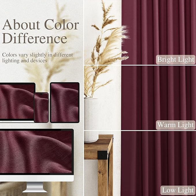Extra Long Burgundy Linen Curtains 120 Inch for Living Room 2 Panels Set Rod Pocket Back Tab Light Filtering Semi Sheer Linen Window Drapes Privacy High Ceiling Drapes for Farmhouse 52x120
