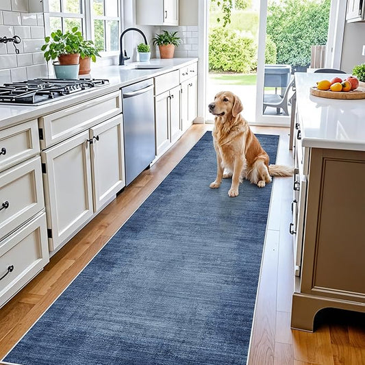3x10 ft Long Hallway Runner Rug – Non-Slip Washable Kitchen Floor Rug with Rubber Backing, Modern Low Pile Thin Wide Carpet Runners for Bedroom, Entryway Indoor（Navy Blue,3x10）
