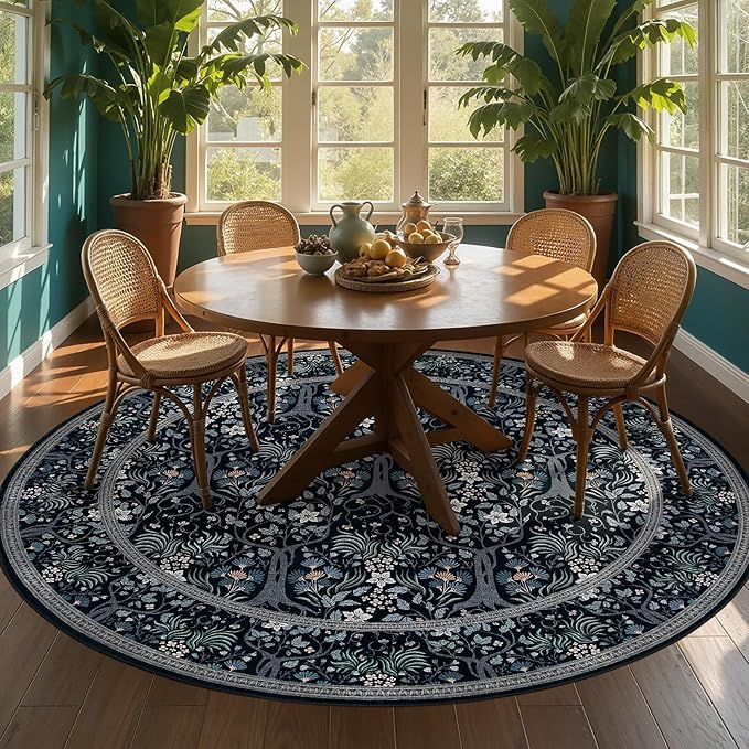 Joydeco Washable Large Round Area Rug for Living Room, Vintage Round Rugs 8ft Non Slip, Soft Throw Circle Carpet for Bedroom, Dining Room Under Kitchen Table, Black-Blue Floral Décor