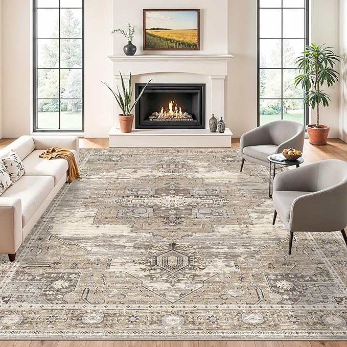 11x15 Area Rug for Living Room：Ultra-Large Washable Boho Rugs with Non Slip Rubber Backing Stain Resistant Low Pile Carpet for Bedroom Dining Room Indoor Soft Carpets Home Decor Floor Mat 11X15 Beige