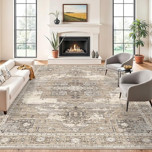 11x15 Area Rug for Living Room：Ultra-Large Washable Boho Rugs with Non Slip Rubber Backing Stain Resistant Low Pile Carpet for Bedroom Dining Room Indoor Soft Carpets Home Decor Floor Mat 11X15 Beige