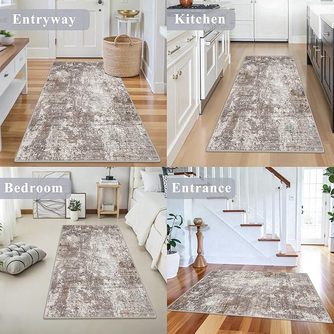 3x5 Washable Entryway Rug – Non-Slip Rubber Backed Small Area Rug for Kitchen, Bedroom, Living Room, Office – Soft Low-Pile Thin Modern Abstract Neutral Throw Rug (Brown Beige, 3x5)