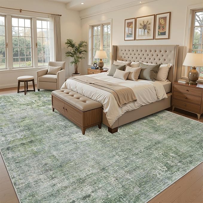 Soalmost Abstract Rug 8x10 Large Living Room Rugs Neutral Modern Washable Area Rugs for Bedroom Dining Room Non-Slip Stain Resistant Foldable Thin Rug Green