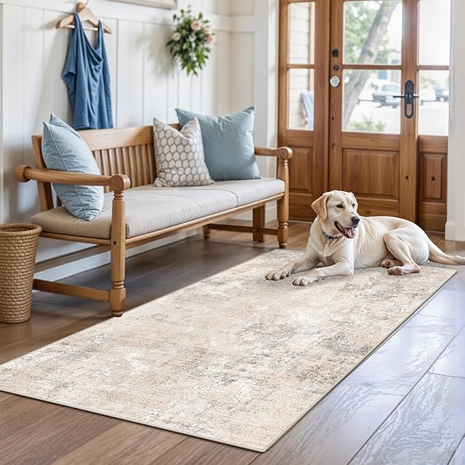 3x5 Washable Entryway Rug – Non-Slip Rubber Backed Small Area Rug for Kitchen, Bedroom, Living Room, Office – Soft Low-Pile Thin Modern Abstract Neutral Throw Rug (Beige Grey, 3x5)