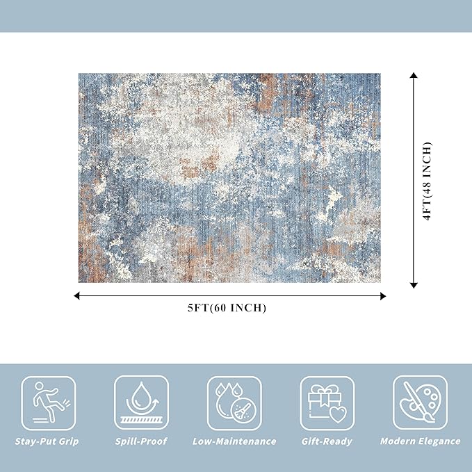 4x5 Washable Entryway Rug – Non-Slip Low Pile Throw Area Rug for Bathroom Kitchen Living Room Bedroom – Modern Abstract Neutral Soft Indoor Small Carpet (Blue Rust,4x5)