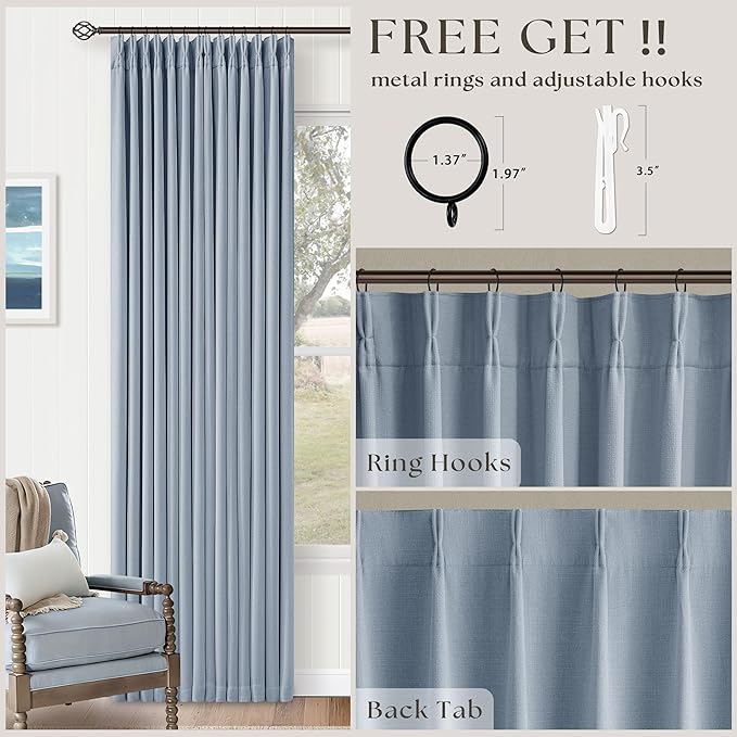 Light Blue Pinch Pleated Thick Linen Curtains 84 Inches Long for Living Room Bedroom Two Layer Blackout Sky Baby Blue Window Curtains Energy Efficient Modern Drapes with Hooks Rings 2 Panels Set