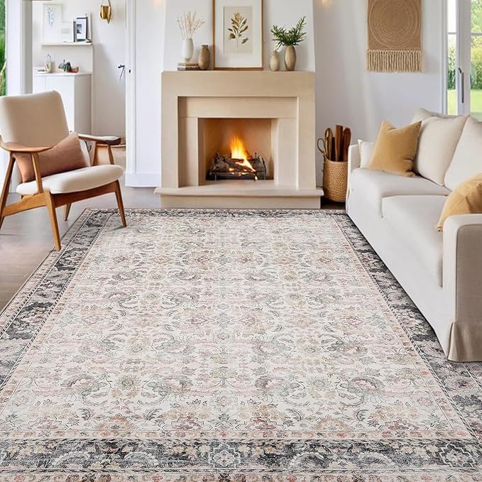 GarveeHome Washable Rugs for Living Room 10x13 Vintage Neutral Area Rug, Ultra Soft Low Pile Oriental Floral Carpet, Non Slip & Stain Resistant Retro Foldable Floor Mats for Home Decor, Beige