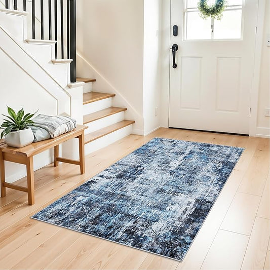 3x4 Washable Entryway Area Rug - Non-Slip Modern Small Indoor Mat for Bathroom,Living Room,Bedroom - Abstract Neutral Soft Low-Pile Throw Carpet with Rubber Backing（Blue）