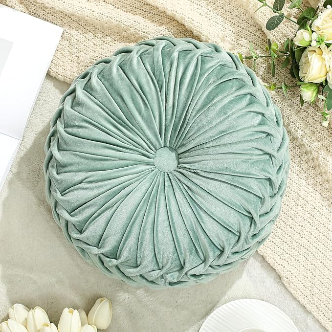 Drydiet 1 Pcs Round Throw Velvet Pillows Decorative Pleated Throw Pillows 15'' Diameter Accent Pumpkin Boho Chair Cushion for Couch Sofa Home Decoration (Sage Green)
