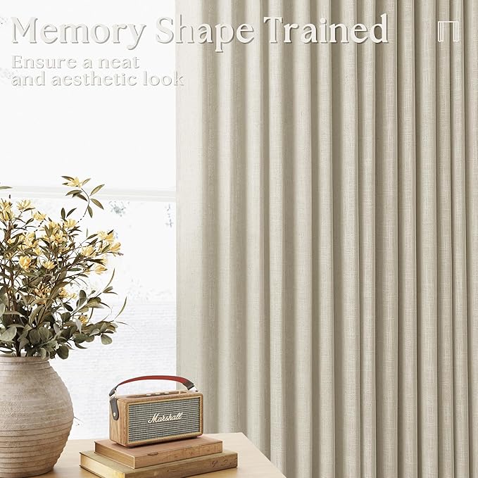Beige Pinch Pleated Linen 72 Inch Curtains 2 Panels for Living Room Bedroom Memory Training Shaped Neutral Semi Sheer Short Pleat Drapes with Hooks Rings Back Tab Window Curtain Cabin Closet 40x72