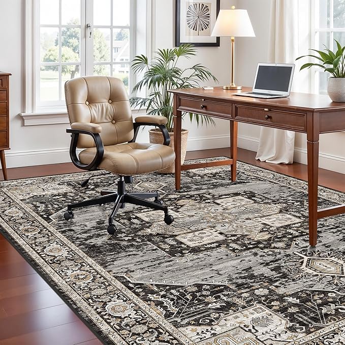 RUUGME Living Room 7x10 Area Rug : Washable Bedroom Rugs with Non Slip Rubber Backing Indoor Soft Stain Resistant Carpets for Dining Room Distressed Floor Decor Mat for Office Nursery 7x10 Black