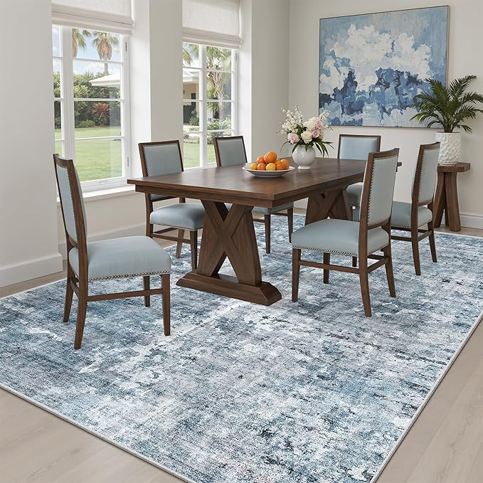 Soalmost Area Rug 6x9 Abstract Rugs for Living Room 6 x 9 Washable Rugs Blue Non Slip Low Pile Rugs for Bedroom Dining Room Foldable Thin
