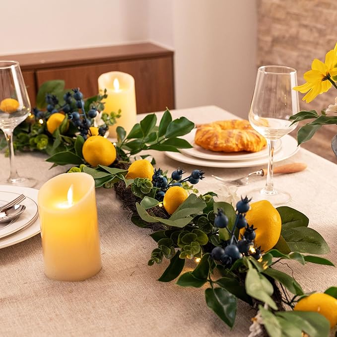 Valery Madelyn 6ft Pre-Lit Lemon Garland with Greenery, Thick Spring Summer Garland for Mantle with Lights, Artificial Fruit Vine for Stairs Fireplace Table, Farmhouse Kitchen Home Wall Party Decor