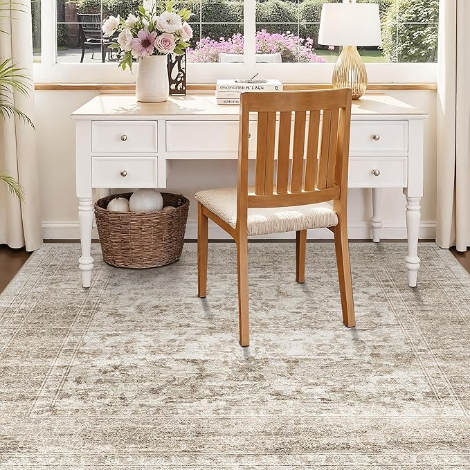 RUUGME Square Area Rugs 5x5 - Vintage Washable Rugs for Small Living Room Non Slip Rugs for Bedroom/Dining Room/Office/Nursery Stain Resistant&Easy Clean Home Decor Mat 5x5 Beige Brown