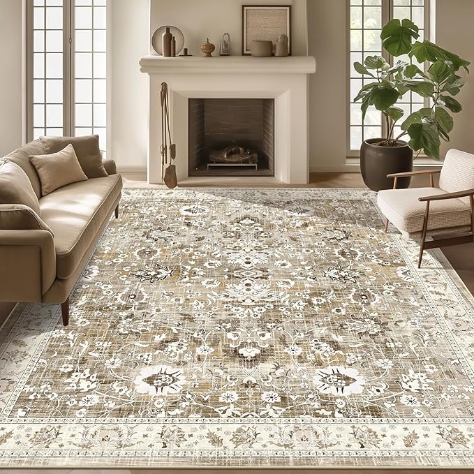 LOKHOM Living Room Area Rug 8x10, Non-Slip Vintage Soft Large Bedroom Rug with Rubber Backing, Low Pile Boho Floral Faux Wool Floor Carpet Distressed Rug for Bedroom Dining Room（Beige Brown）